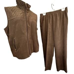 Vintage Allison Daley 14 Petite vest and Pants brown faux suede LINED